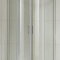 Shower enclosure with sliding door, back panel and tray